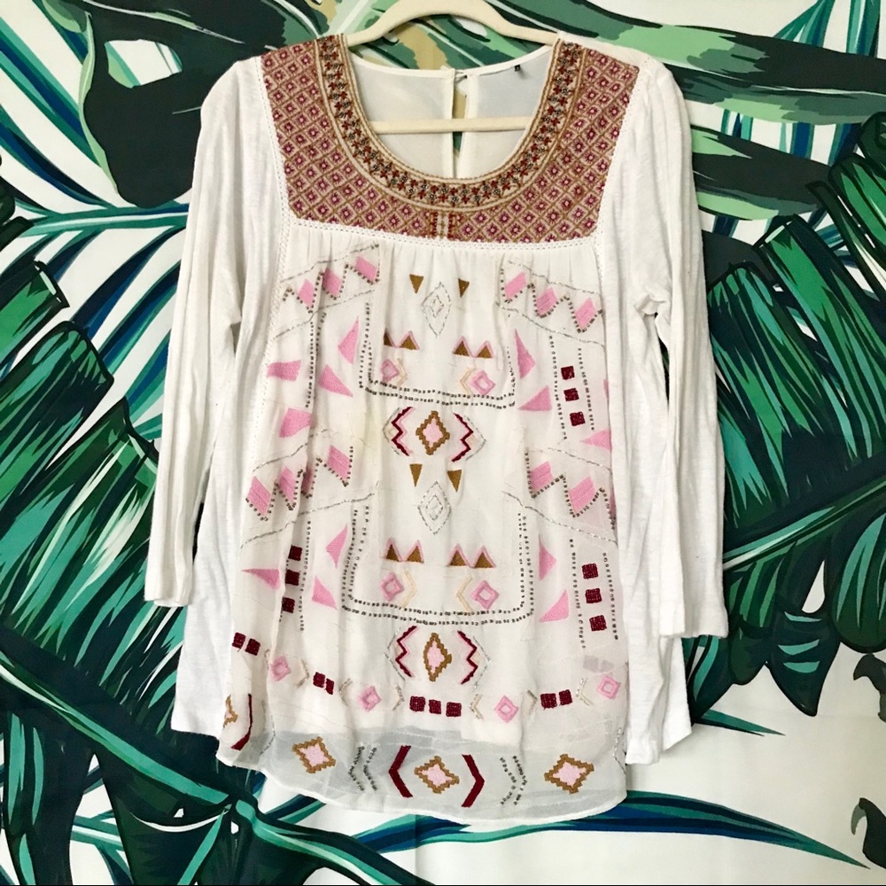 Anthropologie Beaded 3/4 Sleeve Top